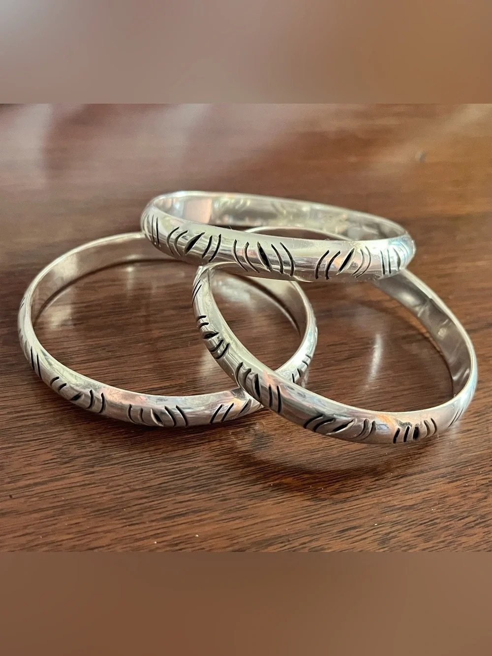 Sterling Silver 925 Etched Bangle Bracelet Set of 3